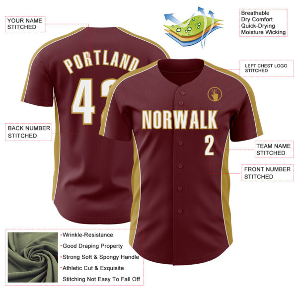 Custom Burgundy White-Old Gold Classic Color Block Side Panel Stripe Authentic Baseball Jersey