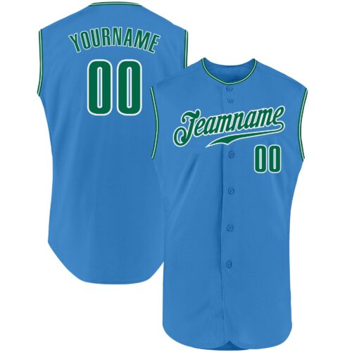 PowderBlue0136 Custom Powder Blue Kelly Green-White Authentic Sleeveless Baseball Jersey