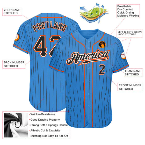 Custom Powder Blue Black Pinstripe Black-Orange Authentic Baseball Jersey