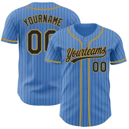 PowderBlue0235 Custom Powder Blue Black Pinstripe Old Gold Authentic Baseball Jersey