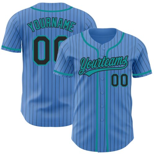 PowderBlue0236 Custom Powder Blue Black Pinstripe Teal Authentic Baseball Jersey