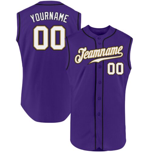 Purple0223 Custom Purple White-Old Gold Authentic Sleeveless Baseball Jersey