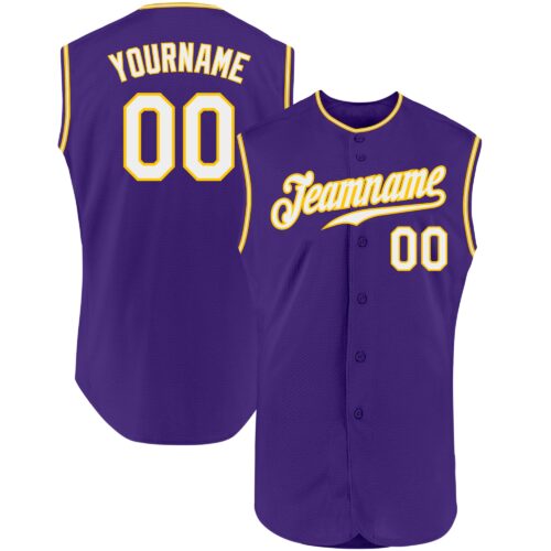 Purple0232 Custom Purple White-Gold Authentic Sleeveless Baseball Jersey