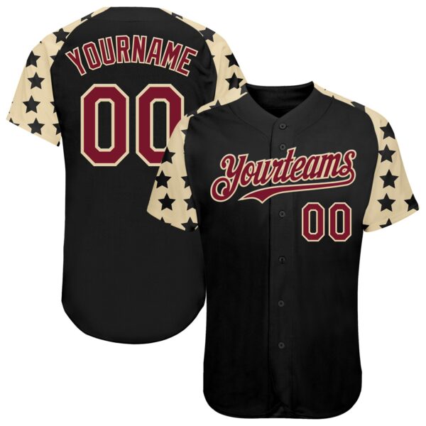 Custom Black Crimson-Cream Star Raglan Sleeves Authentic Baseball Jersey