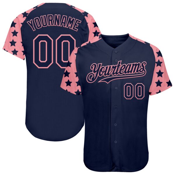 Custom Navy Medium Pink Star Raglan Sleeves Authentic Baseball Jersey