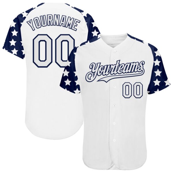 Custom White Navy Star Raglan Sleeves Authentic Baseball Jersey
