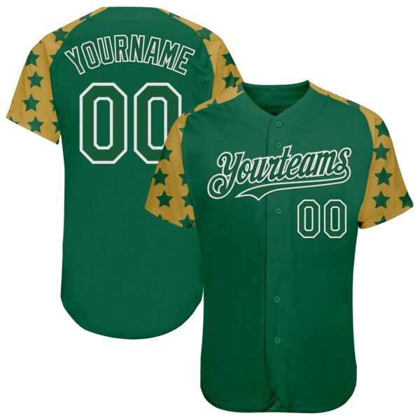 Custom Green White-Old Gold Star Raglan Sleeves Authentic Baseball Jersey