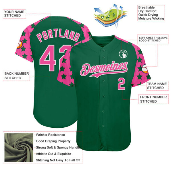 Custom Green Pink-White Star Raglan Sleeves Authentic Baseball Jersey