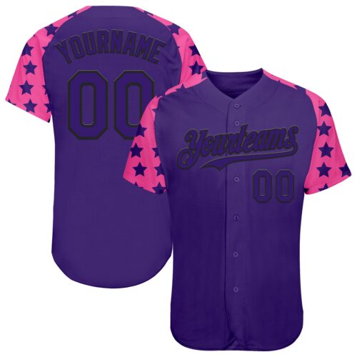 RaglanSleeves0575 Custom Purple Black-Pink Star Raglan Sleeves Authentic Baseball Jersey