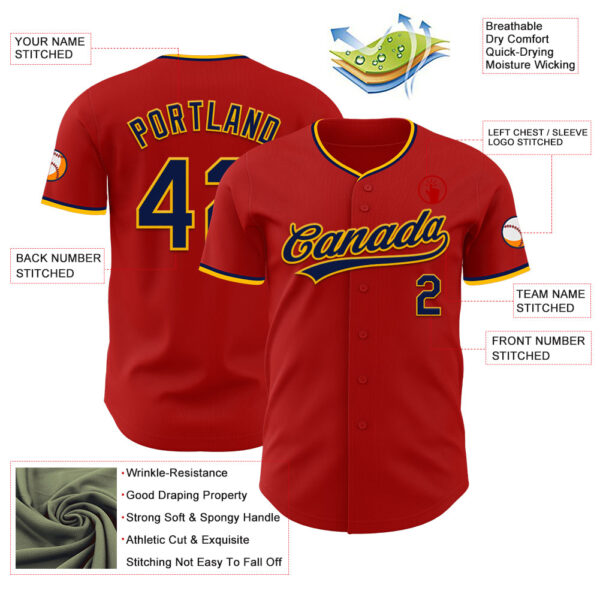 Custom Red Navy-Gold Authentic Baseball Jersey