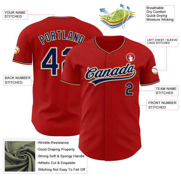 Custom Red Navy White-Old Gold Authentic Baseball Jersey