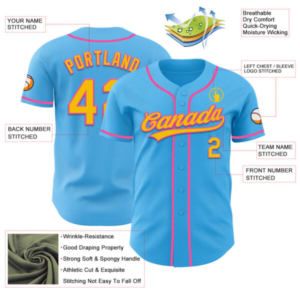 Custom Sky Blue Yellow-Pink Authentic Baseball Jersey
