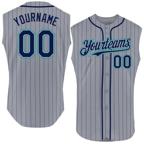 Sleeveless0001 Custom Gray Navy Pinstripe Teal Authentic Sleeveless Baseball Jersey