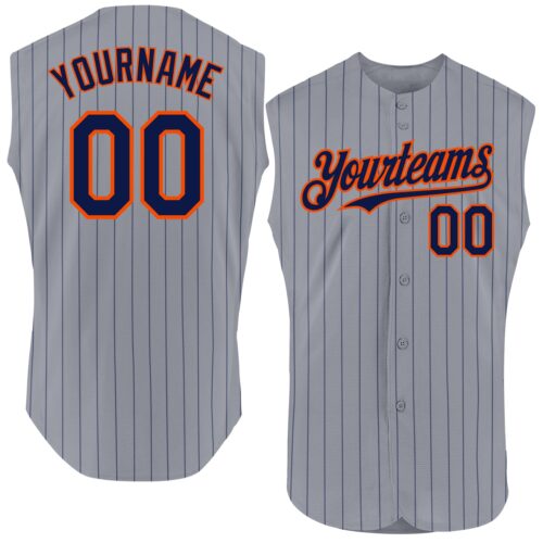 Sleeveless0003 Custom Gray Navy Pinstripe Orange Authentic Sleeveless Baseball Jersey