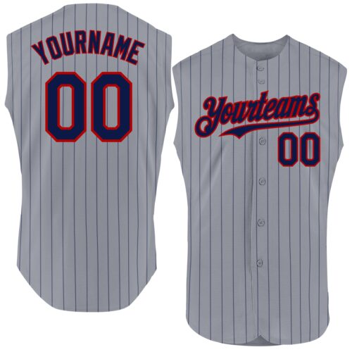 Sleeveless0005 Custom Gray Navy Pinstripe Red Authentic Sleeveless Baseball Jersey