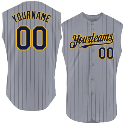 Sleeveless0008 Custom Gray Navy Pinstripe Gold Authentic Sleeveless Baseball Jersey