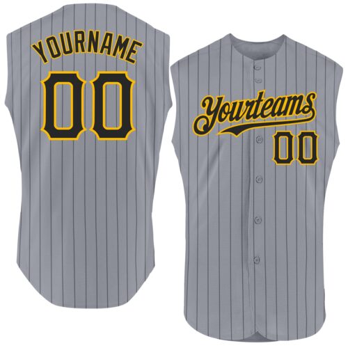 Sleeveless0010 Custom Gray Black Pinstripe Gold Authentic Sleeveless Baseball Jersey
