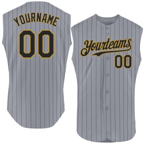 Sleeveless0015 Custom Gray Black Pinstripe Old Gold Authentic Sleeveless Baseball Jersey