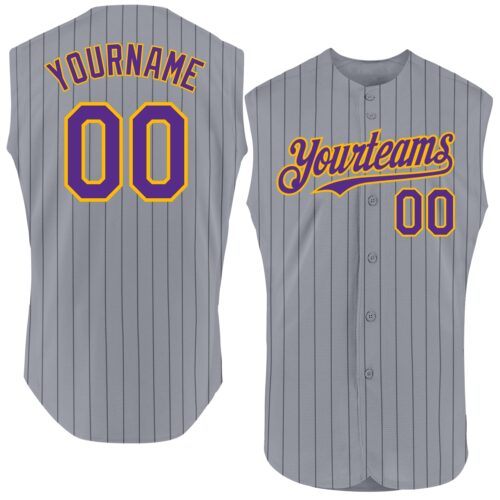 Sleeveless0020 Custom Gray Black Pinstripe Purple-Gold Authentic Sleeveless Baseball Jersey