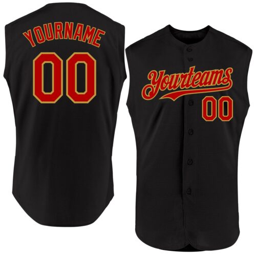 Sleeveless0064 Custom Black Red-Old Gold Authentic Sleeveless Baseball Jersey