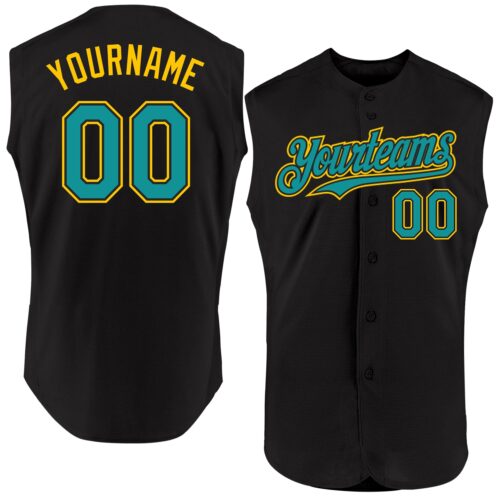 Sleeveless0071 Custom Black Teal-Yellow Authentic Sleeveless Baseball Jersey