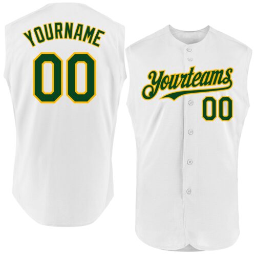 Sleeveless0146 Custom White Green-Gold Authentic Sleeveless Baseball Jersey