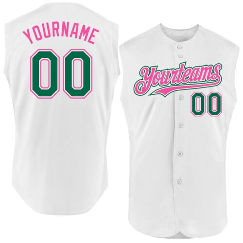 Sleeveless0148 Custom White Kelly Green-Pink Authentic Sleeveless Baseball Jersey
