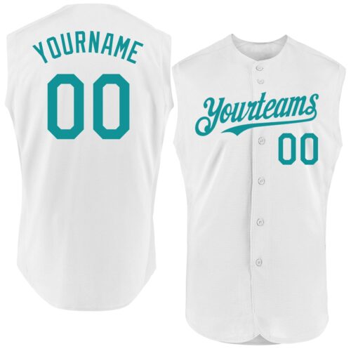 Sleeveless0154 Custom White Teal Authentic Sleeveless Baseball Jersey