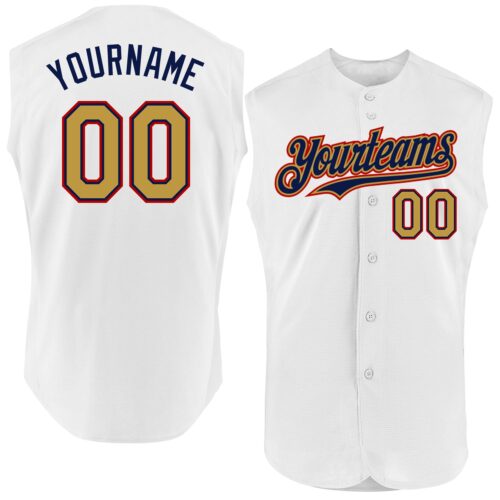 Sleeveless0162 Custom White Old Gold Navy-Red Authentic Sleeveless Baseball Jersey