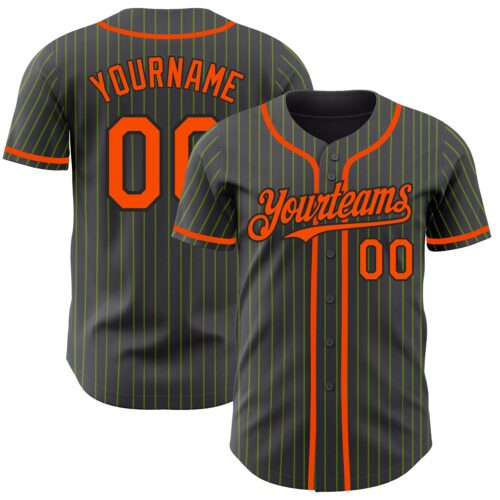 SteelGray0055 Custom Steel Gray Neon Green Pinstripe Orange-Black Authentic Baseball Jersey