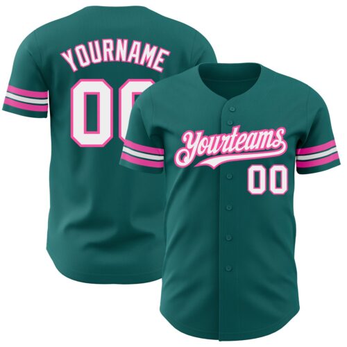 Teal0243 Custom Teal White-Pink Authentic Baseball Jersey