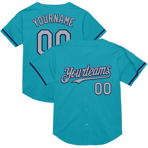 Teal0293 Custom Teal Gray-Navy Mesh Authentic Throwback Baseball Jersey