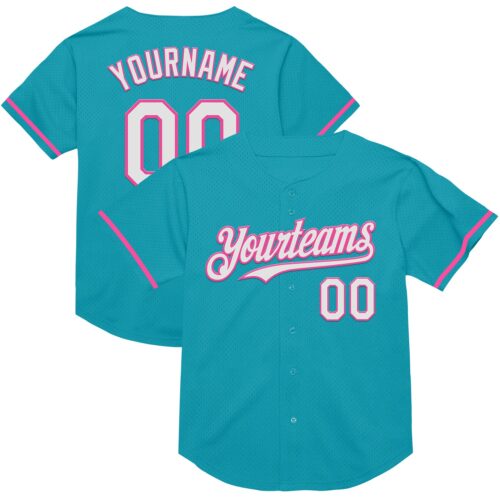 Teal0296 Custom Teal White-Pink Mesh Authentic Throwback Baseball Jersey