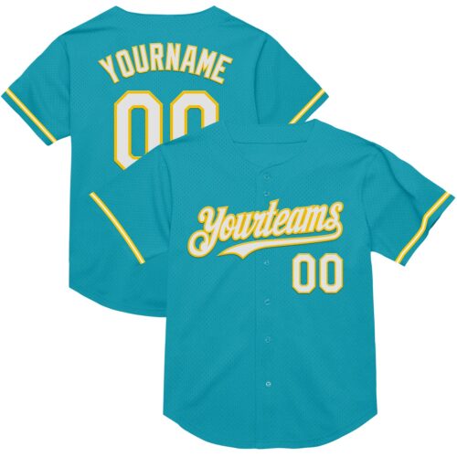 Teal0307 Custom Teal White-Yellow Mesh Authentic Throwback Baseball Jersey