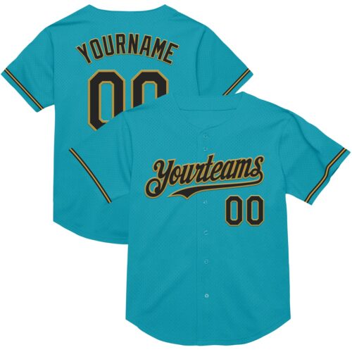 Teal0309 Custom Teal Black-Old Gold Mesh Authentic Throwback Baseball Jersey