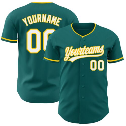 Teal0449 Custom Teal White-Yellow Authentic Baseball Jersey