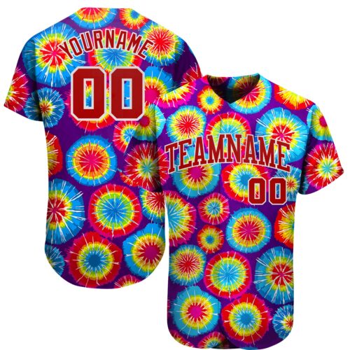 TieD0020 Custom Tie Dye Red-White 3D Authentic Baseball Jersey