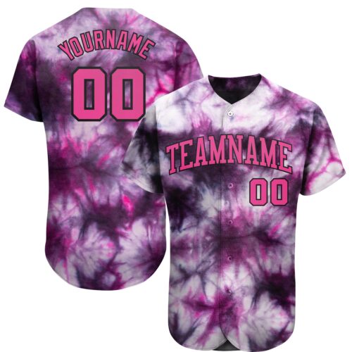 TieD0021 Custom Tie Dye Pink-Black 3D Authentic Baseball Jersey