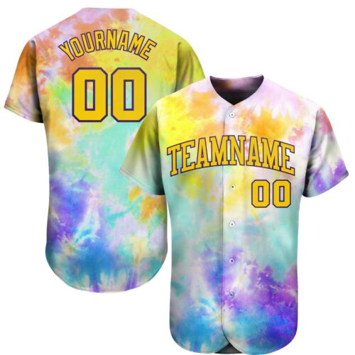 TieD0023 Custom Tie Dye Gold-Purple 3D Authentic Baseball Jersey