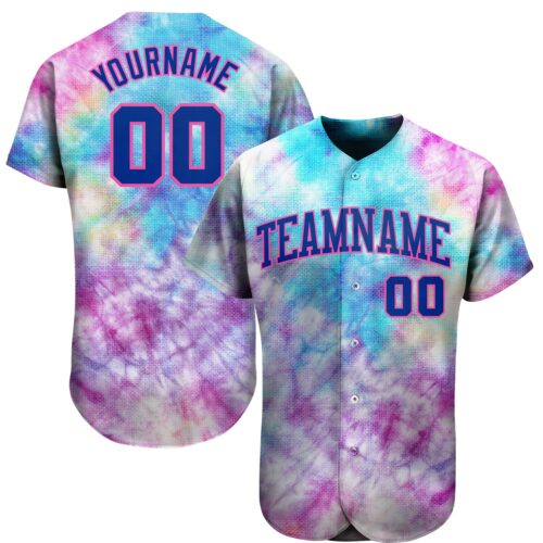 TieD0024 Custom Tie Dye Royal-Pink 3D Authentic Baseball Jersey