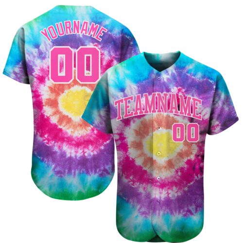 TieD0027 Custom Tie Dye Pink-White 3D Authentic Baseball Jersey