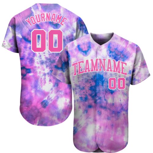TieD0028 Custom Tie Dye Pink-White 3D Authentic Baseball Jersey