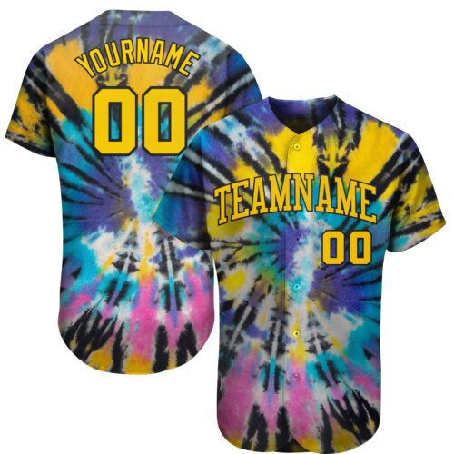 TieD0029 Custom Tie Dye Gold-Black 3D Authentic Baseball Jersey