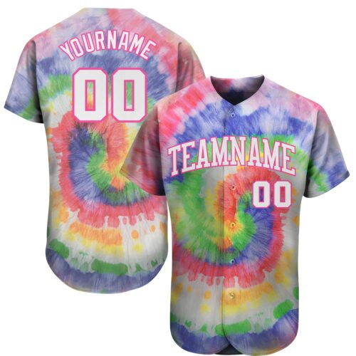 TieD0030 Custom Tie Dye White-Pink 3D Authentic Baseball Jersey
