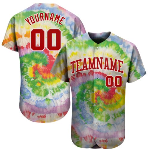 TieD0032 Custom Tie Dye Red-White 3D Authentic Baseball Jersey