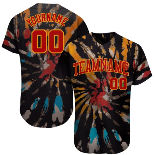 TieD0033 Custom Tie Dye Red-Gold 3D Authentic Baseball Jersey