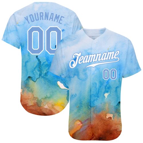 TieD0053 Custom Tie Dye Light Blue-White 3D Authentic Baseball Jersey