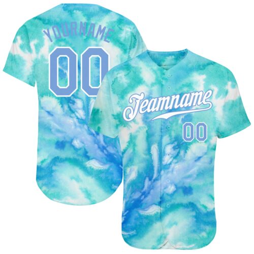 TieD0054 Custom Tie Dye Light Blue-White 3D Authentic Baseball Jersey