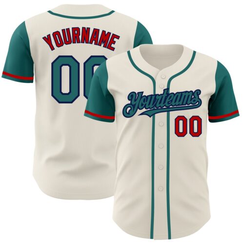 TwoTone0168 Custom Cream Teal Navy-Red Authentic Two Tone Baseball Jersey