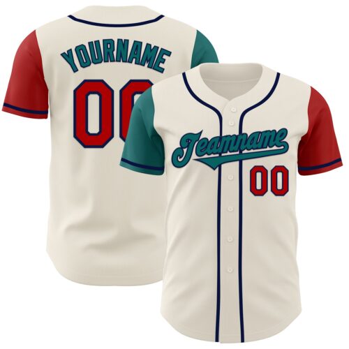 TwoTone0179_4354a0c0-7650-4411-9962-962bfe42084c Custom Cream Red Teal-Navy Authentic Two Tone Baseball Jersey